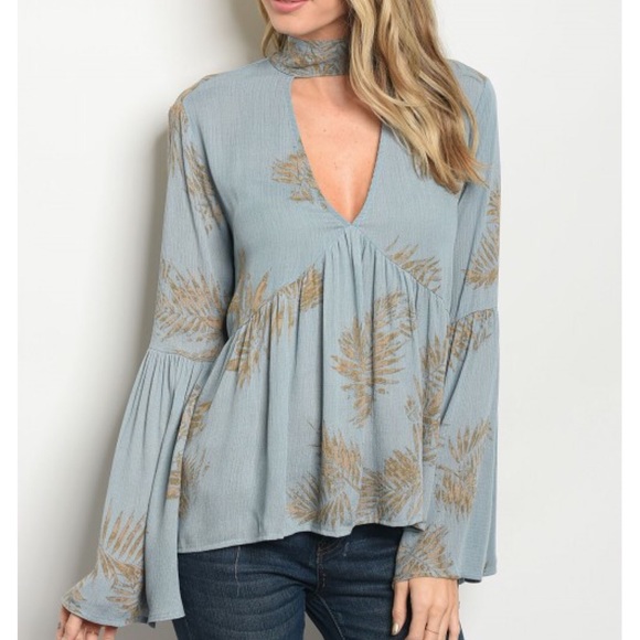 The Luxe Bohemian Tops - Blue Tan Floral Choker Neck Babydoll Blouse Top